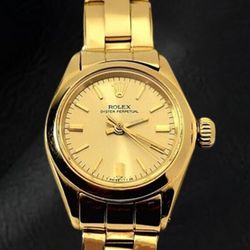 Rolex Oyster Perpetual 24 mm Champagne Stick Dial Watch Yellow Gold Oyster Bracelet