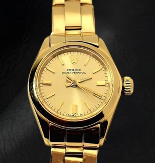 Rolex Oyster Perpetual 24 mm Champagne Stick Dial Watch Yellow Gold Oyster Bracelet