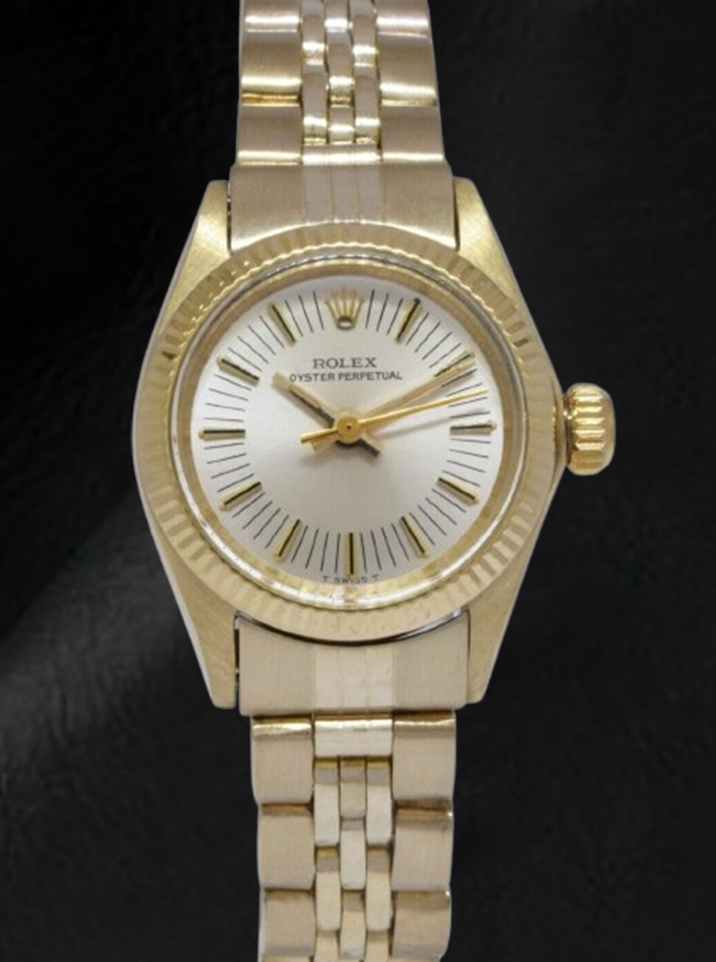 Rolex Oyster Perpetual 24 mm Silver Stick Dial Yellow Gold Watch