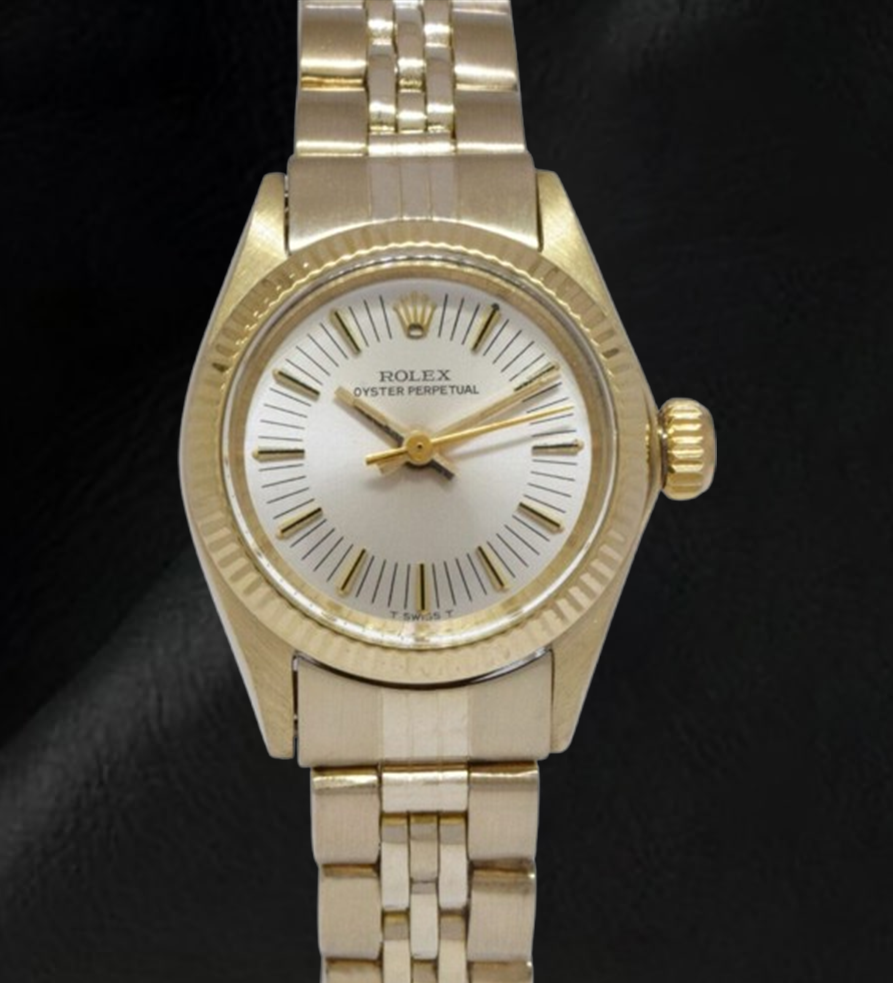 Rolex Oyster Perpetual 24 mm Silver Stick Dial Yellow Gold Watch