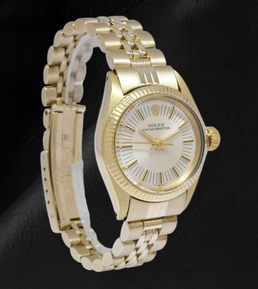 Rolex Oyster Perpetual 24 mm Silver Stick Dial Yellow Gold Watch