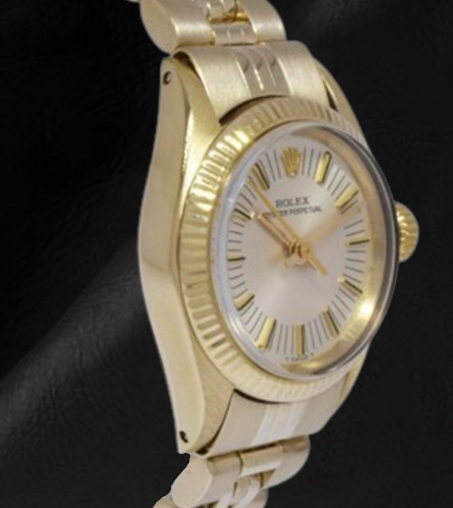 Rolex Oyster Perpetual 24 mm Silver Stick Dial Yellow Gold Watch