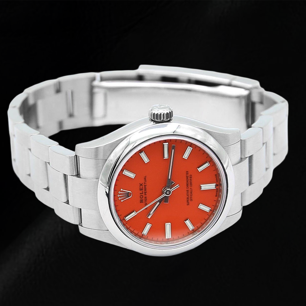 Rolex Oyster Perpetual 31mm Coral Red Luminous Dial Steel Men's Watch