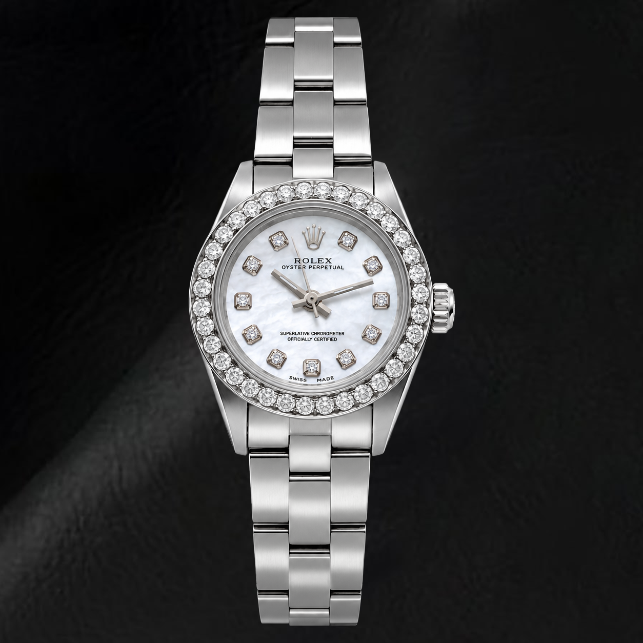 Rolex Oyster Perpetual 67193 26mm White Mother of Pearl Diamond Dial Stainless Steel Watch