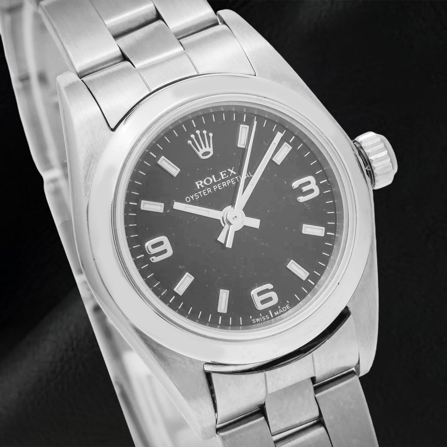 Rolex Oyster Perpetual 76094 26mm Black Arabic Dial Stainless Steel Oyster Bracelet Watch
