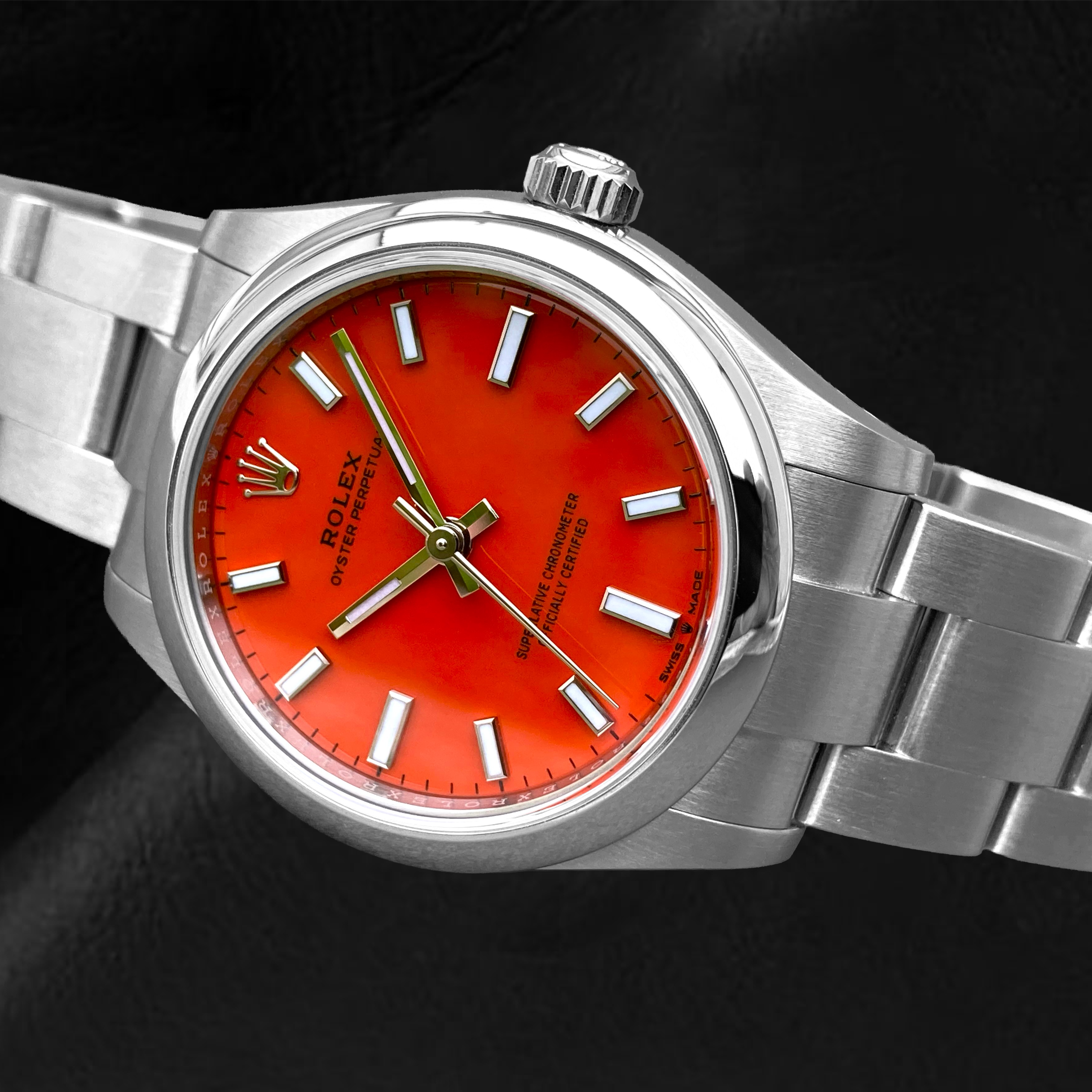 Rolex Oyster Perpetual Coral Red Luminous Dial Steel Watch