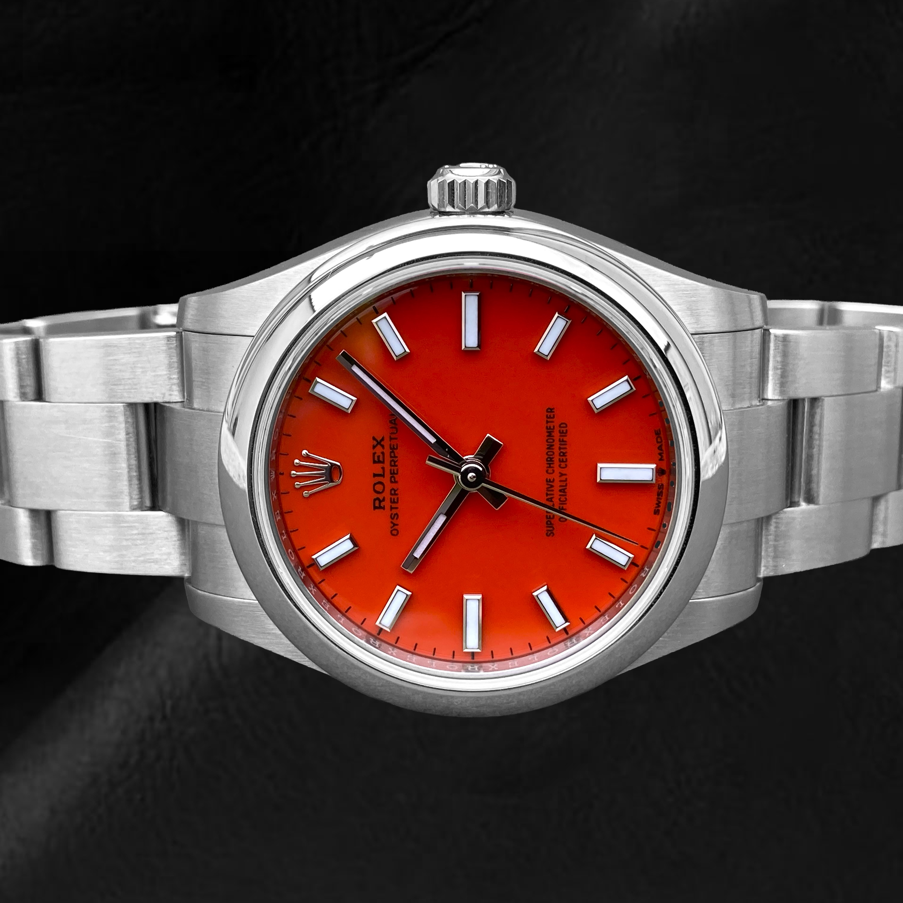Rolex Oyster Perpetual Coral Red Luminous Dial Steel Watch