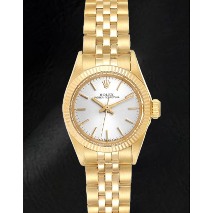 Rolex Oyster Prepetual Silver Stick Dial 24 mm Yellow Gold Ladies Watch