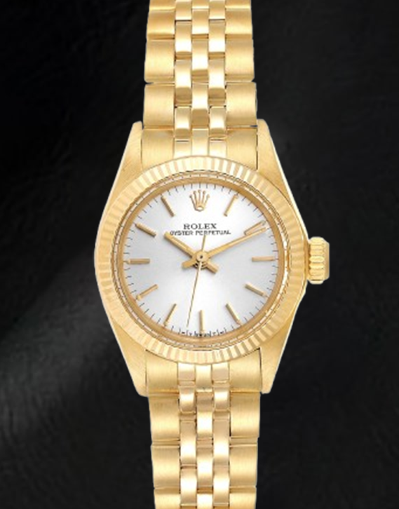 Rolex Oyster Prepetual Silver Stick Dial 24 mm Yellow Gold Ladies Watch