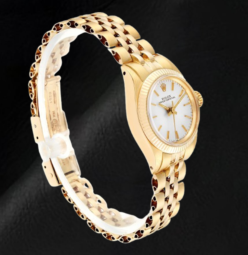 Rolex Oyster Prepetual Silver Stick Dial 24 mm Yellow Gold Ladies Watch
