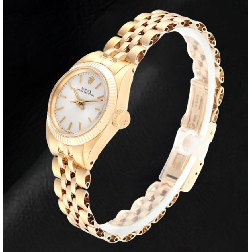 Rolex Oyster Prepetual Silver Stick Dial 24 mm Yellow Gold Ladies Watch