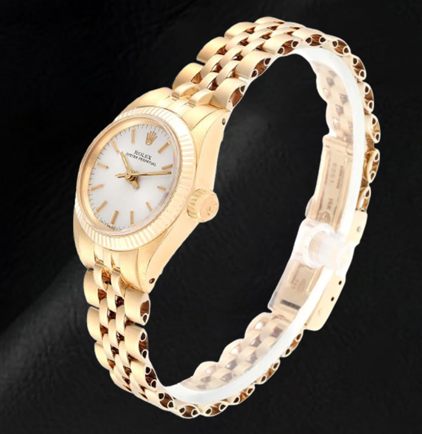 Rolex Oyster Prepetual Silver Stick Dial 24 mm Yellow Gold Ladies Watch