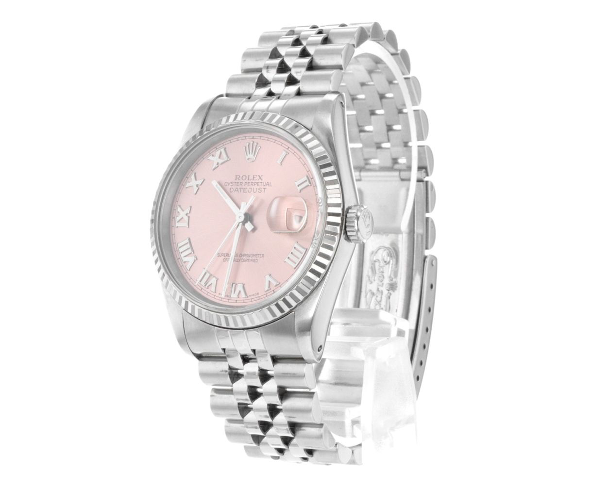 Rolex Pink Roman Dial Datejust Rolex Watch Fluted Bezel Ss Jubilee QUICK SET