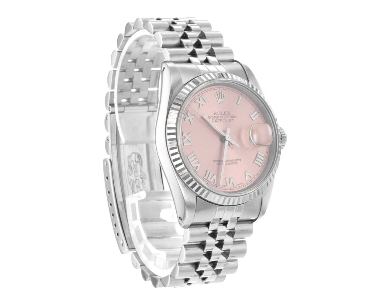 Rolex Pink Roman Dial Datejust Rolex Watch Fluted Bezel Ss Jubilee QUICK SET