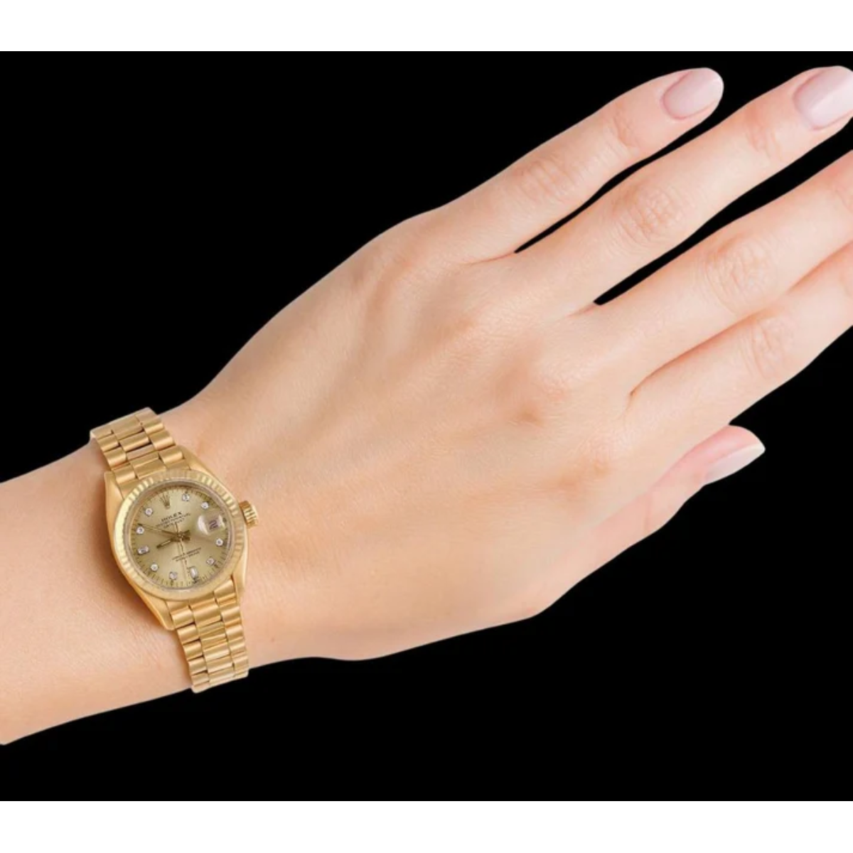 Rolex President Natural Earth Mined Diamond Dial Fluted Bezel Yellow Gold Lady Watch