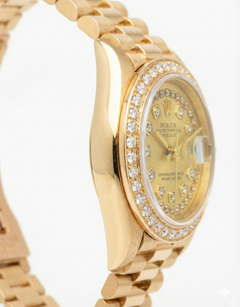 Rolex President Style Champagne String Dial Watch Yg Diamond Bezel