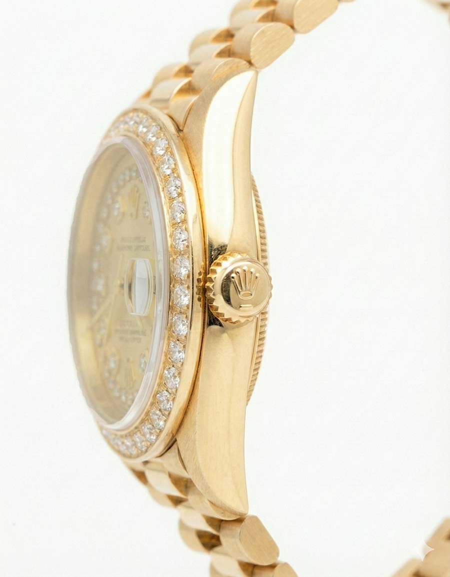 Rolex President Style Champagne String Dial Watch Yg Diamond Bezel