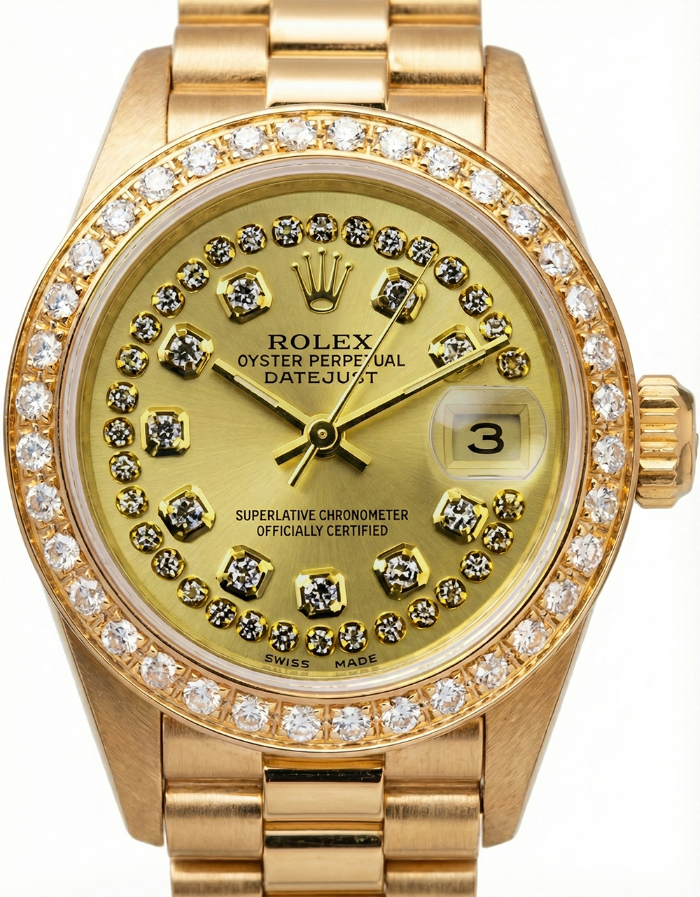 Rolex President Style Champagne String Dial Watch Yg Diamond Bezel