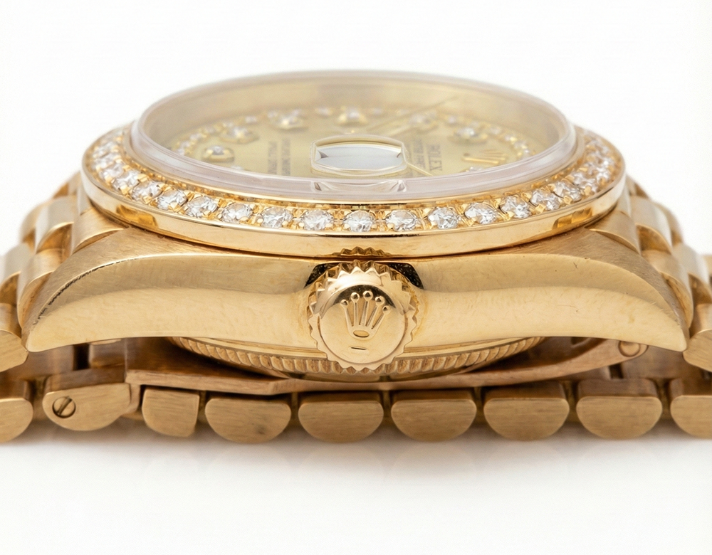 Rolex President Style Champagne String Dial Watch Yg Diamond Bezel