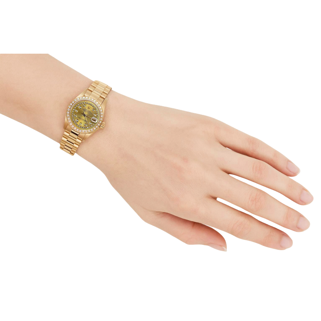 Rolex President Style Champagne String Dial Watch Yg Natural Earth Mined Diamond Bezel