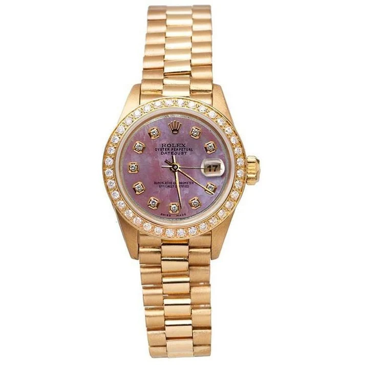Rolex President Style Mother Of Pearl Natural Earth Mined Diamond Dial Watch Gold Bezel