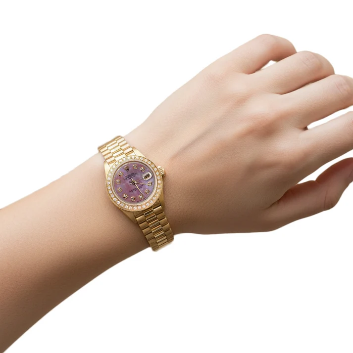Rolex President Style Mother Of Pearl Natural Earth Mined Diamond Dial Watch Gold Bezel