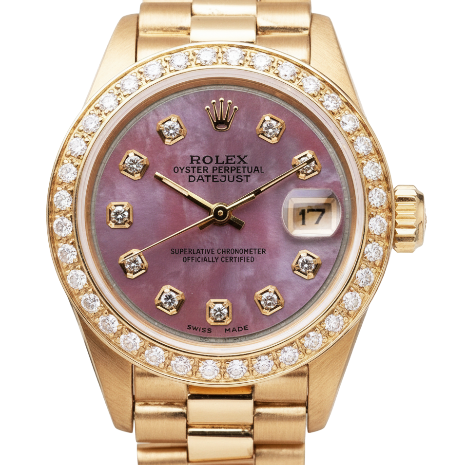 Rolex President Style Mother Of Pearl Natural Earth Mined Diamond Dial Watch Gold Bezel