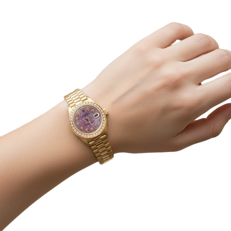 Rolex President Style Mother Of Pearl Natural Earth Mined Diamond Dial Watch Gold Bezel P2