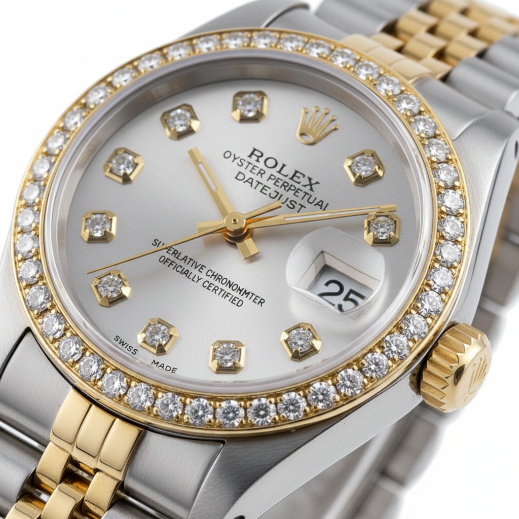 Rolex Silver Natural Earth Mined Diamond Dial Datejust Women Watch Two Tone Bracelet
