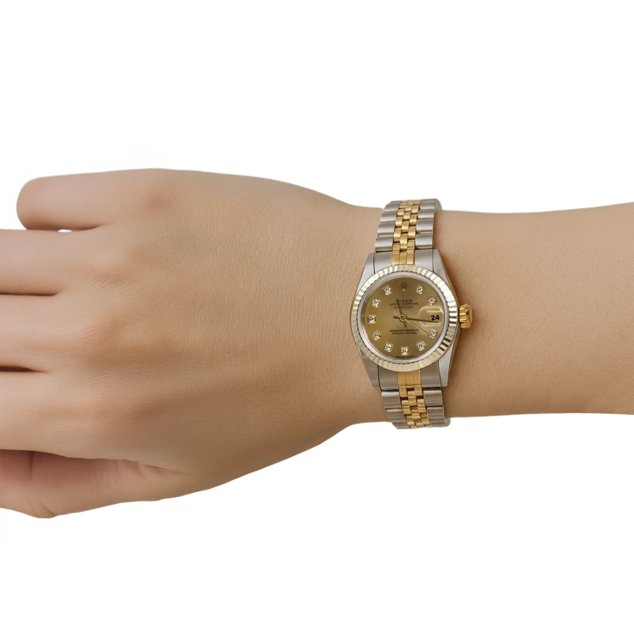 Rolex Ss & Gold Datejust Ladywatch Champagne Natural Earth Mined Diamond Fluted Bezel P1