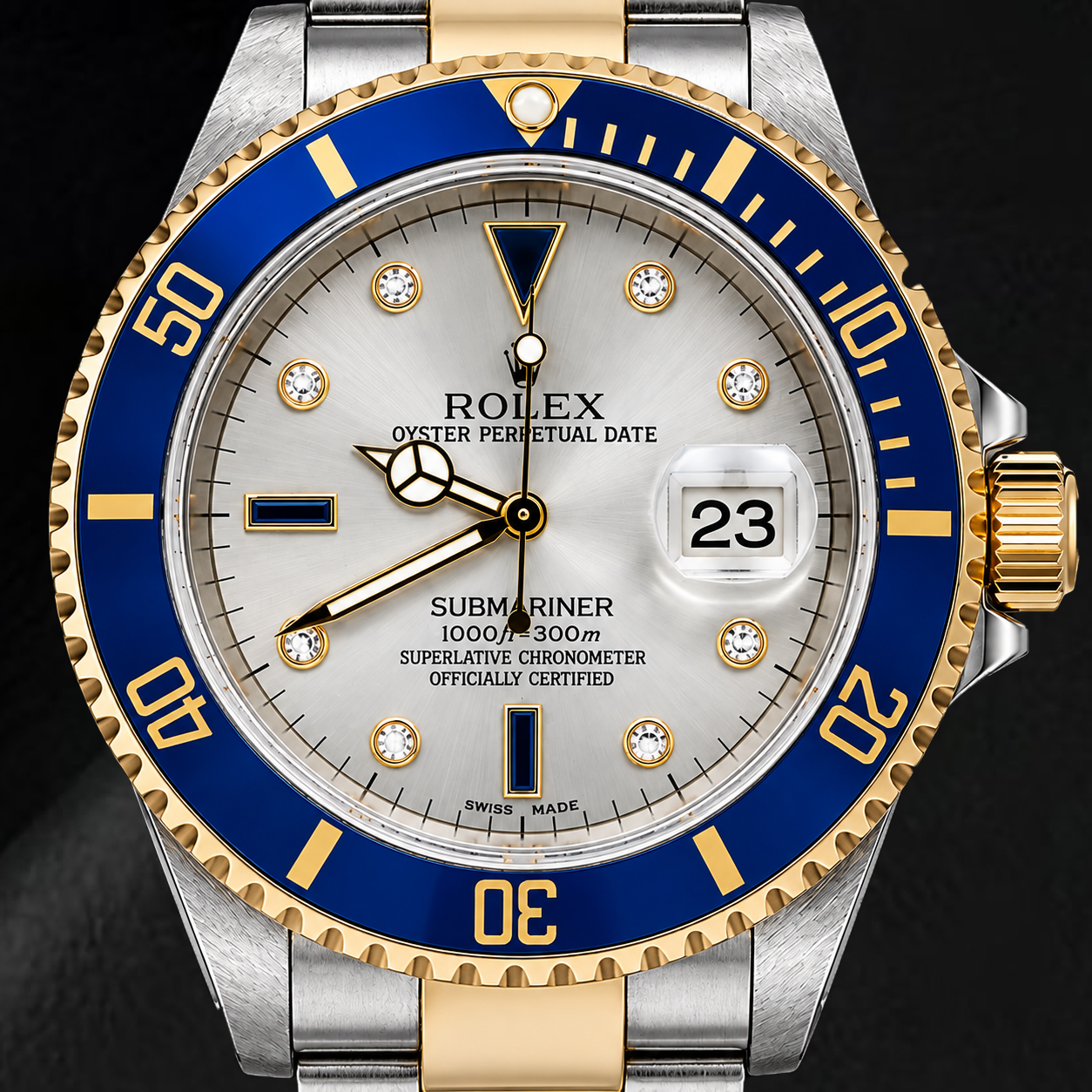 Rolex Submariner Date 16613 40mm Silver Diamond Dial Two Tone Watch