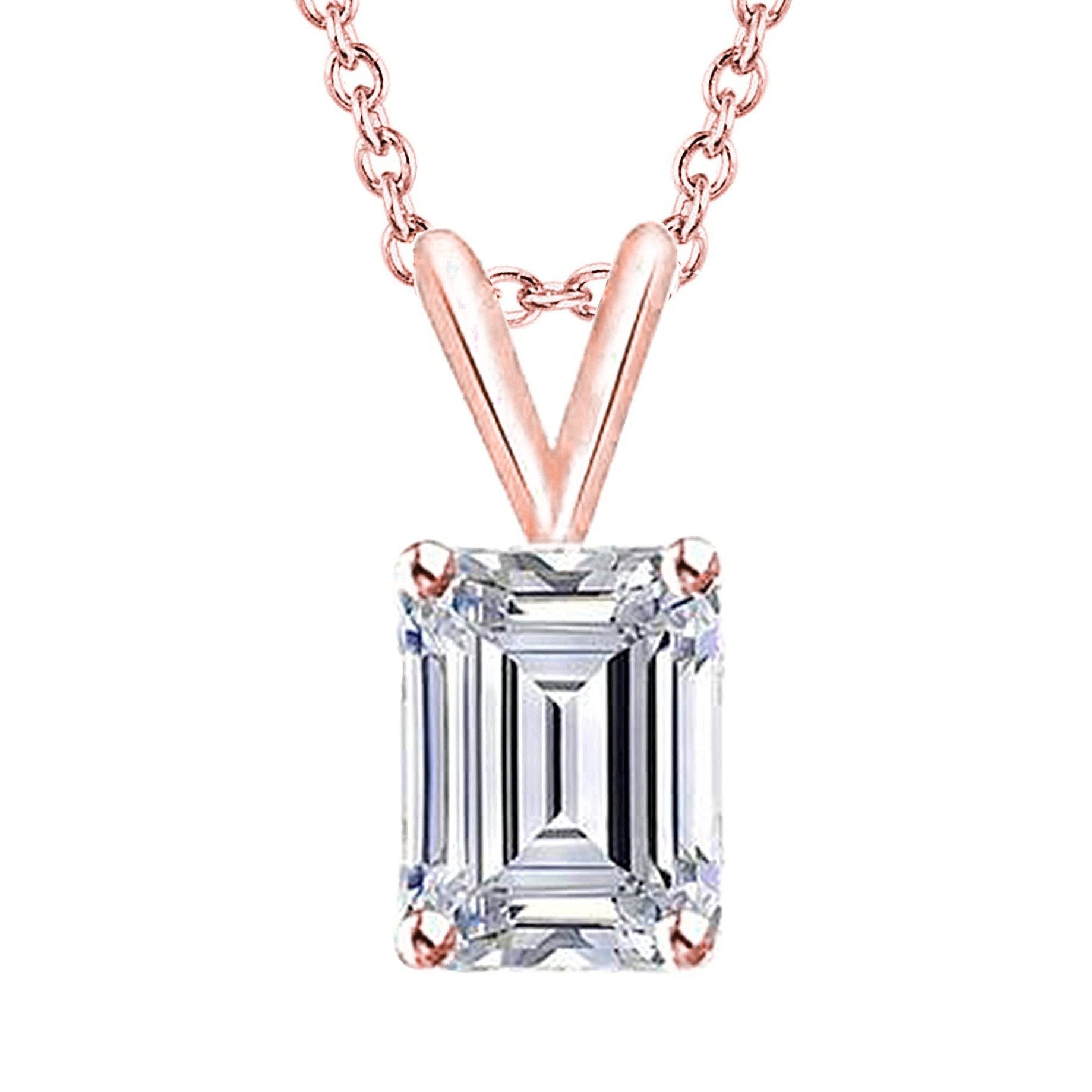 Rose Gold 14K Emerald Cut Genuine Diamond Necklace Pendant 2 Carats