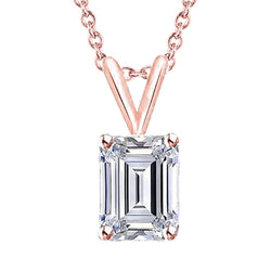 Rose Gold 14K Emerald Cut Genuine Diamond Necklace Pendant 2 Carats