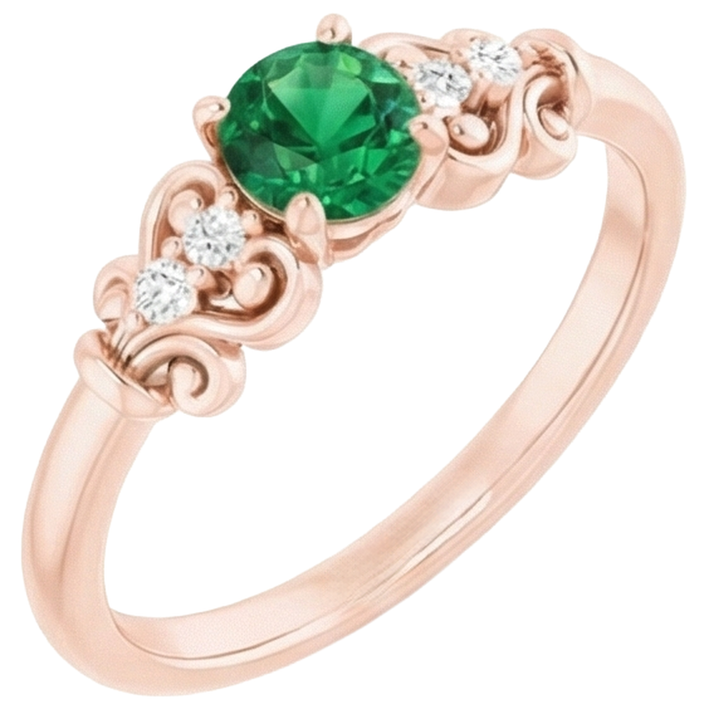 Rose Gold 14K Natural Earth Mined Diamond Round Green Emerald Ring 1.40 Carats