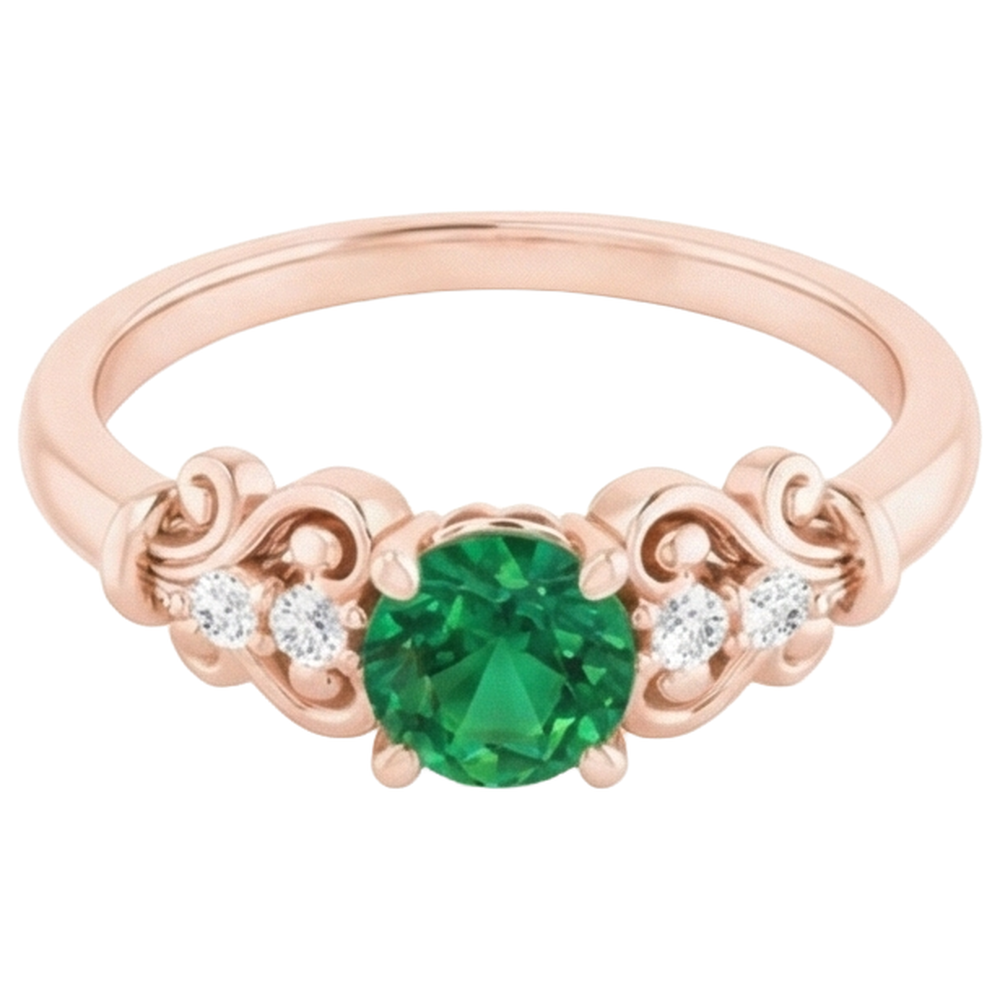Rose Gold 14K Natural Earth Mined Diamond Round Green Emerald Ring 1.40 Carats