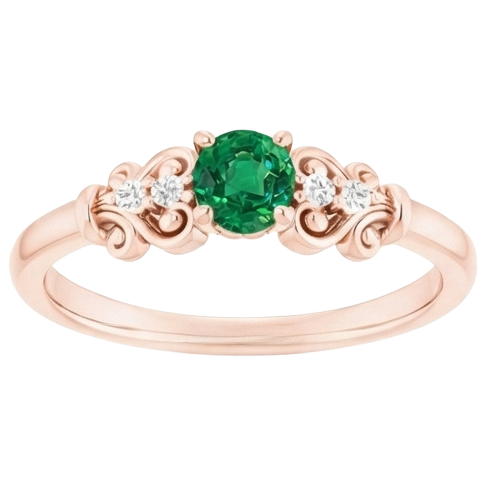 Rose Gold 14K Natural Earth Mined Diamond Round Green Emerald Ring 1.40 Carats