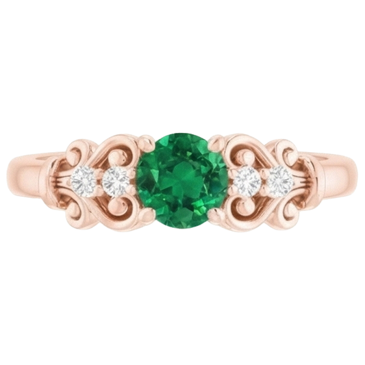Rose Gold 14K Natural Earth Mined Diamond Round Green Emerald Ring 1.40 Carats