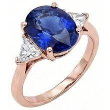 Rose Gold 3 Stone Ring Oval Blue Sapphire & Natural Earth Mined Diamond 8.25 Carats