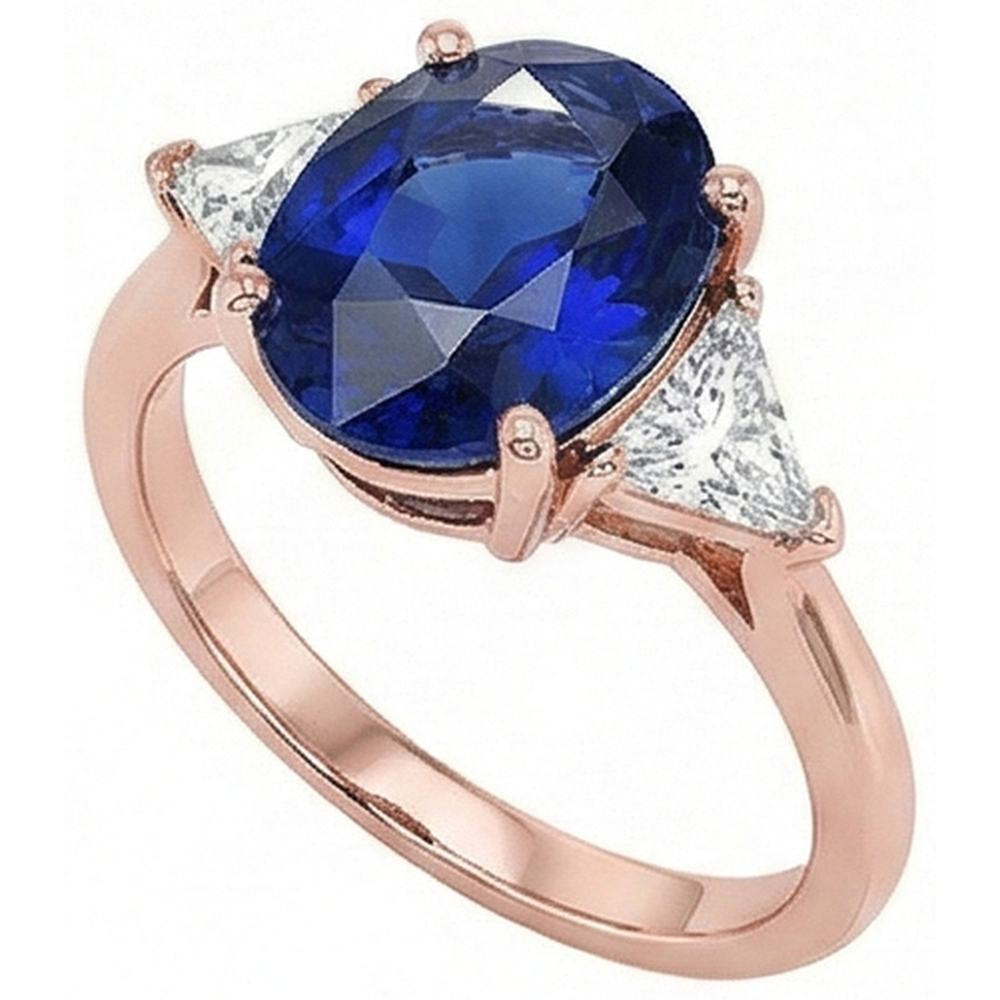 Rose Gold 3 Stone Ring Oval Blue Sapphire & Natural Earth Mined Diamond 8.25 Carats