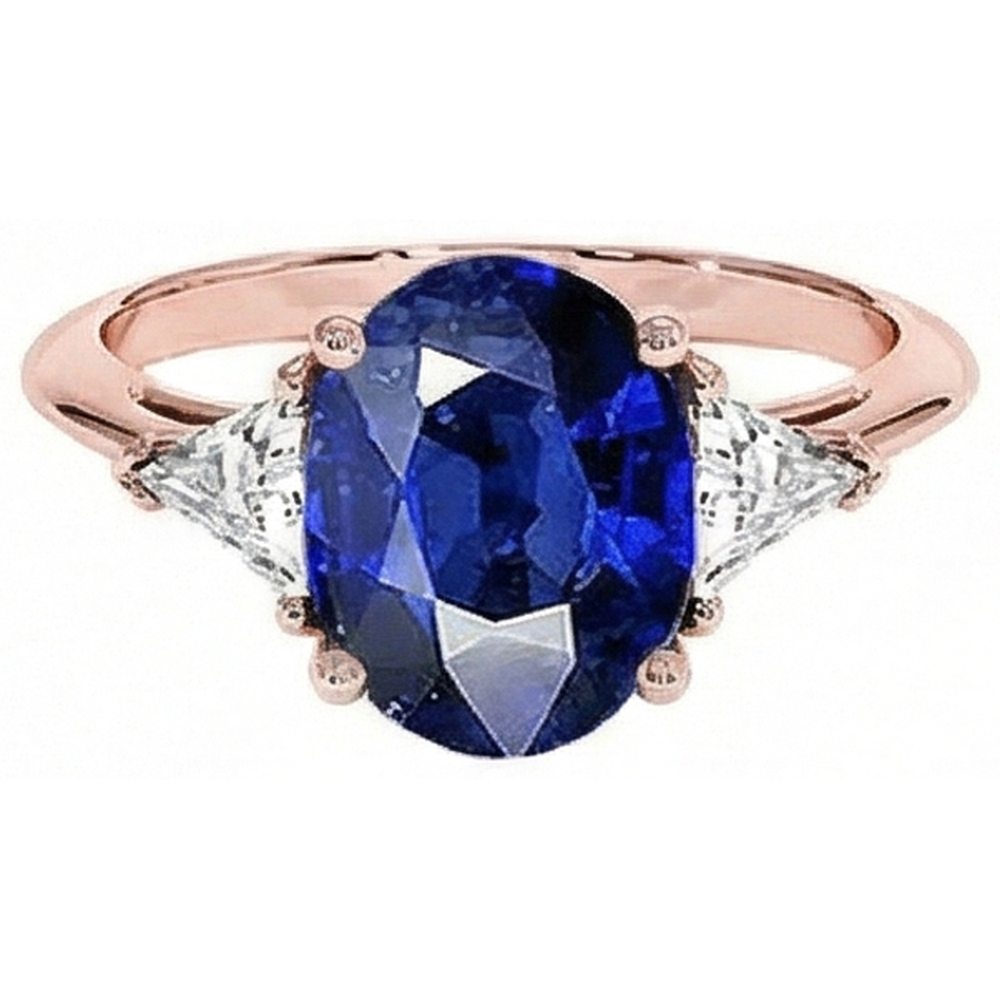Rose Gold 3 Stone Ring Oval Blue Sapphire & Natural Earth Mined Diamond 8.25 Carats