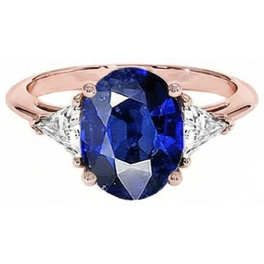 Rose Gold 3 Stone Ring Oval Blue Sapphire & Natural Earth Mined Diamond 8.25 Carats