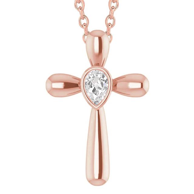 Rose Gold Cross Genuine Diamond Pendant Slide Bezel Set Pear Old Miner 1 Carat