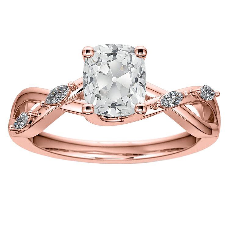 Rose Gold Cushion Old Cut Genuine Diamond Ring & Marquise Accents 4.75 Carats