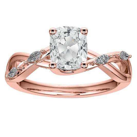 Rose Gold Cushion Old Cut Genuine Diamond Ring & Marquise Accents 4.75 Carats