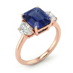 Rose Gold Emerald Sapphire 3 Stone Half Moon Natural Earth Mined Diamonds Ring 4 Carats