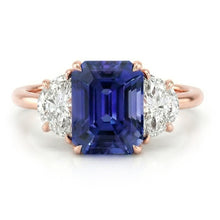 Rose Gold Emerald Sapphire 3 Stone Half Moon Natural Earth Mined Diamonds Ring 4 Carats