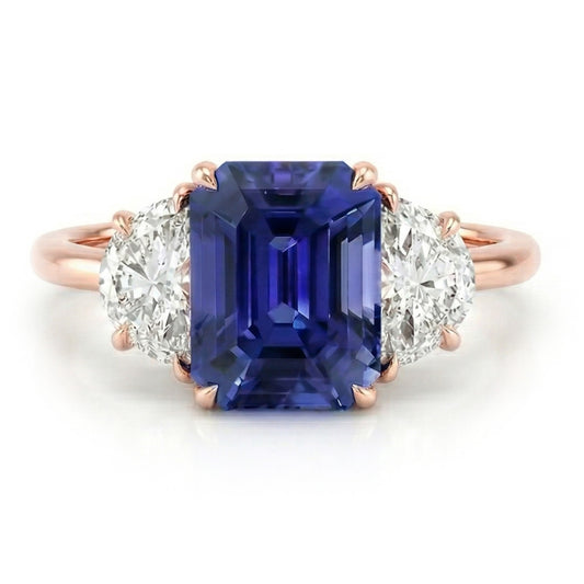 Rose Gold Emerald Sapphire 3 Stone Half Moon Natural Earth Mined Diamonds Ring 4 Carats