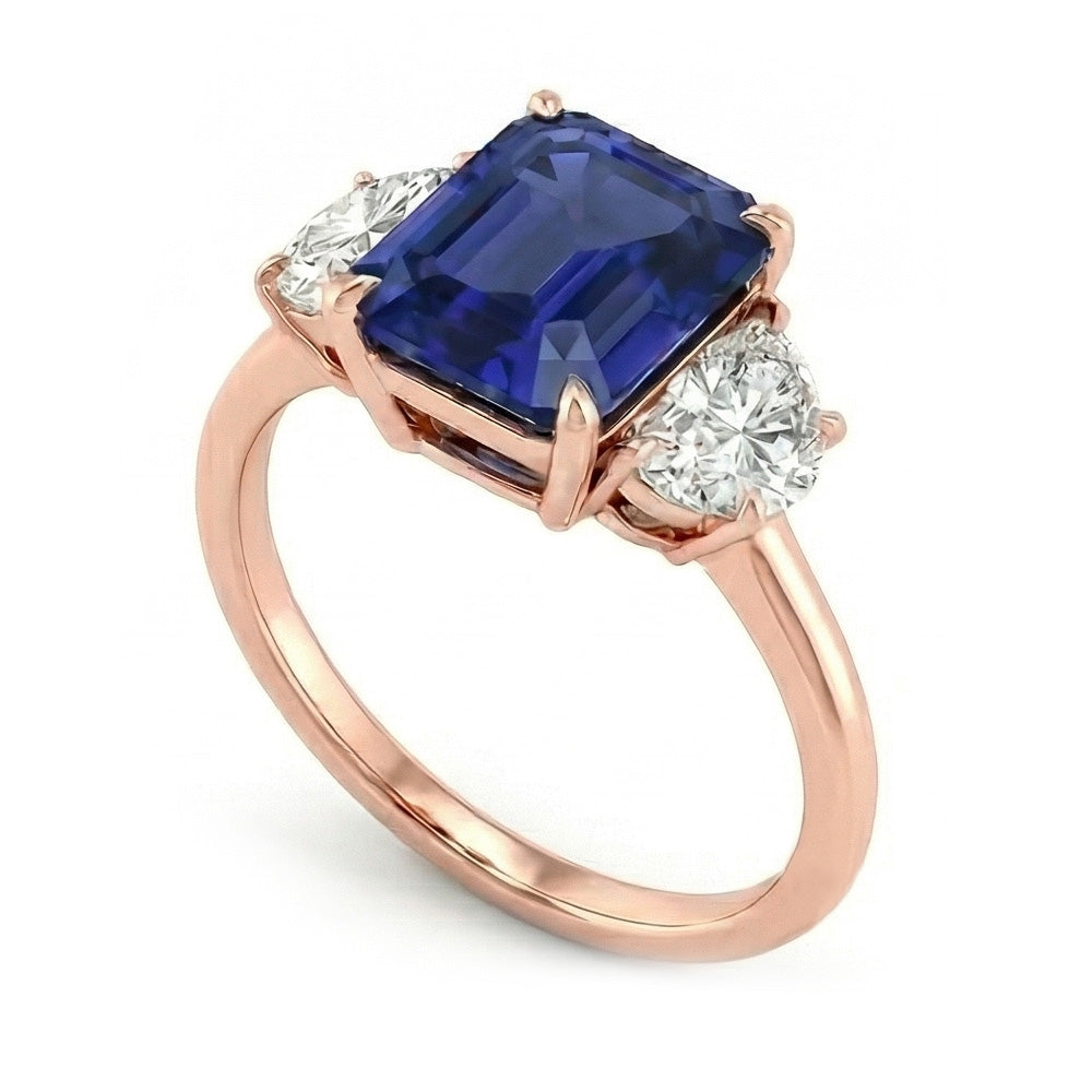 Rose Gold Emerald Sapphire 3 Stone Half Moon Natural Earth Mined Diamonds Ring 4 Carats