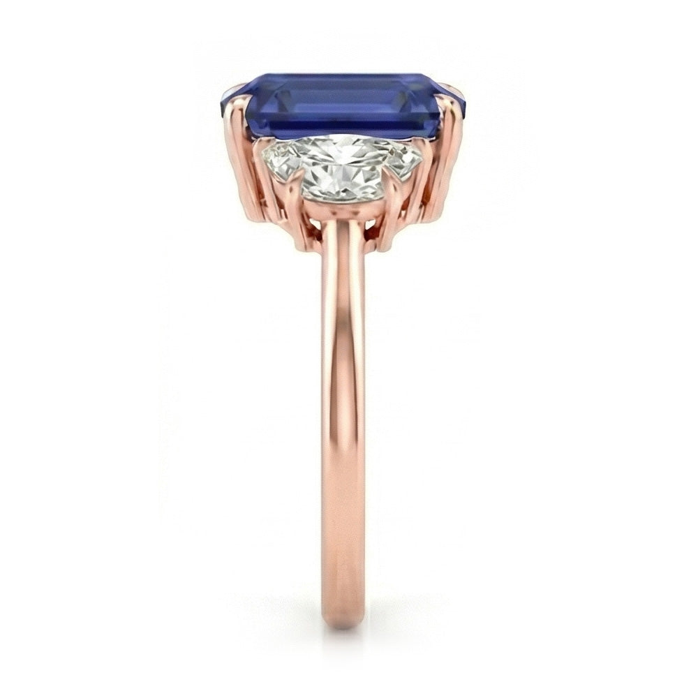 Rose Gold Emerald Sapphire 3 Stone Half Moon Natural Earth Mined Diamonds Ring 4 Carats