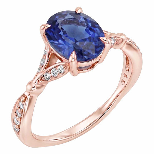 Rose Gold Gemstone Ring Split Shank Blue Sapphire & Natural Earth Mined Diamonds 3 Carats